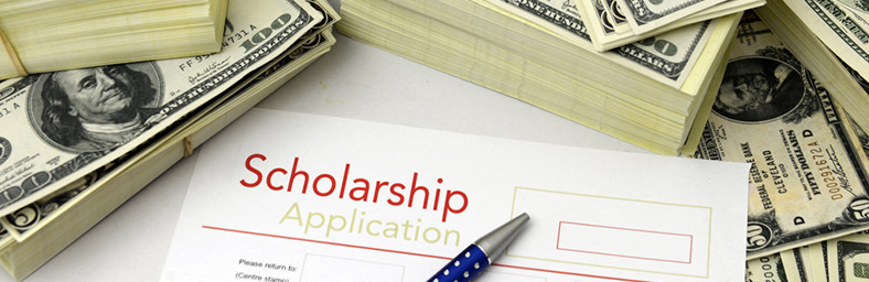 Scholarship application with stacks of money